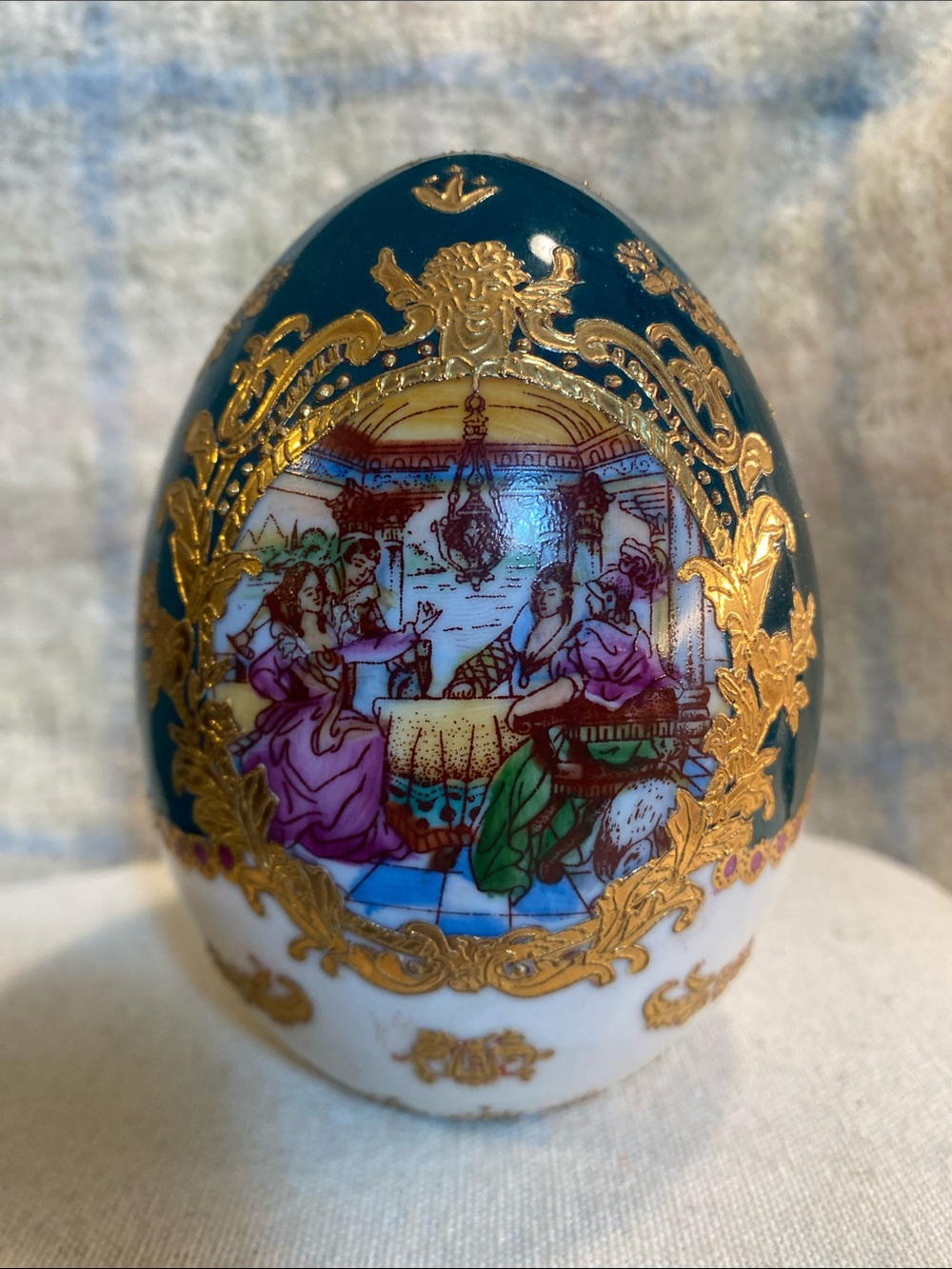 Vintage Fine Porcelain Decorative Egg Figurine Blue Gold Victorian Scene